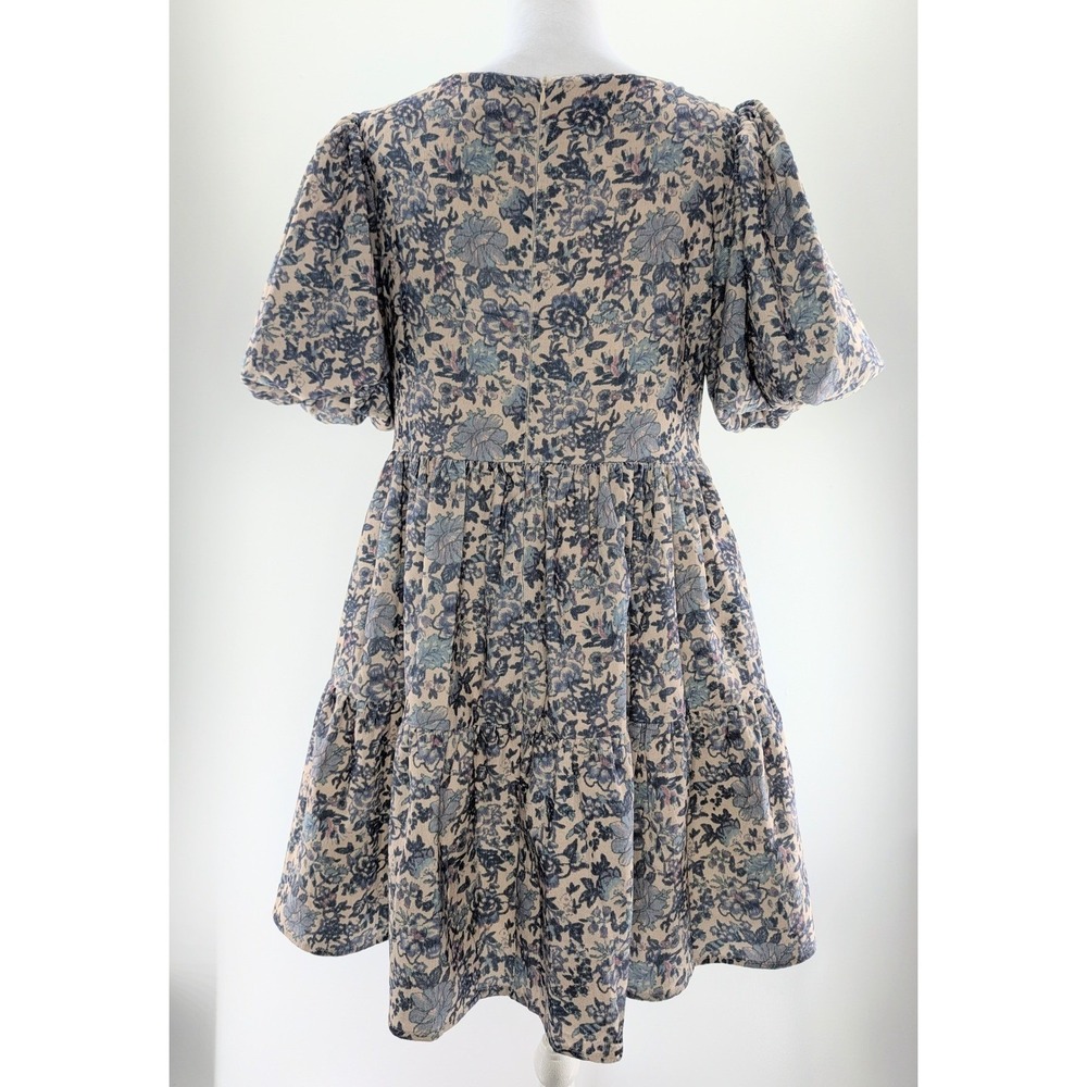 Aureum Blue Floral Puff Sleeve Tiered Mini Dress Square Neck Womens Size M - Picture 2 of 8